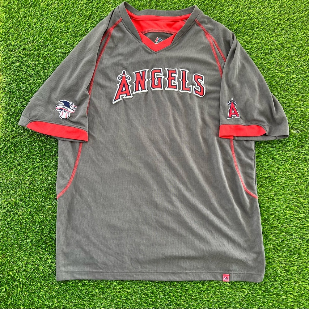 Anaheim LA Angels Majestic V-Neck Team Applique Grey Shirt Embroidered
